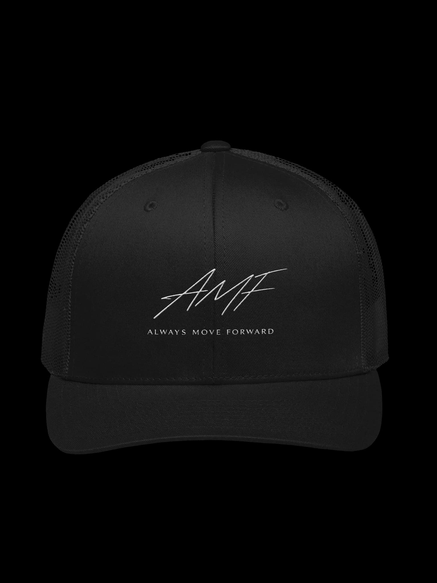 Always Move Forward Retro Trucker Hat — Bold black Yupoong retro trucker hat with a sleek white signature-style logo and the motivational phrase Always Move Forward.